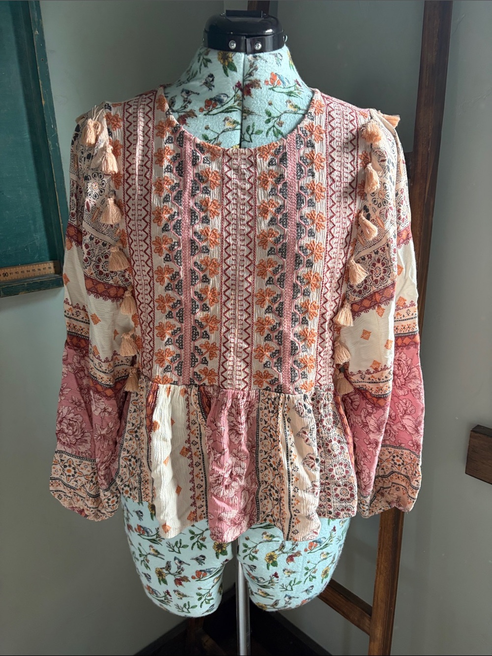 American Eagle Outfitters Pink and Cream Boho Tassel Peasant Top